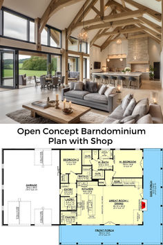 Barndo plans with shop, barndominium plans, house plans, barndominium living room One Floor Barndominium Plans, Barndominium Ideas Small Floor Plans, Open Living Floor Plan, 4bedroom Barndominium Plans, Barndominium Style Homes, Barndominium Ideas Open Concept, Barndomiums Floor Plans, Cathedral Ceiling Open Floor Plan, Floor Plans For Barndominium