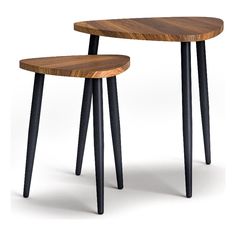 two wooden tables with black legs on white background