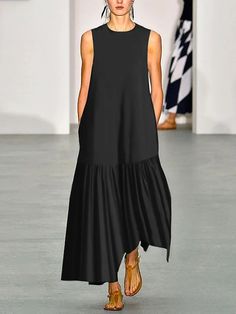 Black Dress With Asymmetrical Hem, Black A-line Maxi Dress, Black Asymmetrical Hem Dress, Black Sleeveless Solid Midi Dress, Black Sleeveless Dress With Asymmetrical Hem For Spring, Black A-line Maxi Dress For Beach, Black Sleeveless Summer Dress With Asymmetrical Hem, Summer Sleeveless Black Dress With Asymmetrical Hem, Casual Black High-low Hem Maxi Dress