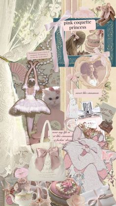 a collage of pink and white items including a teddy bear, dress, shoes, purses