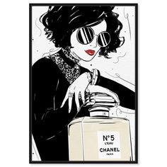 a black and white drawing of a woman with sunglasses holding a chanel perfume bottle