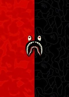 a red and black wallpaper with a shark's mouth on the left side