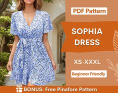 a woman wearing a blue floral dress with the text, sophiia dress xs - xxl beginner friendly