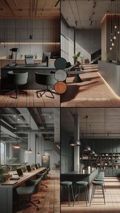 four different views of an office with tables and chairs