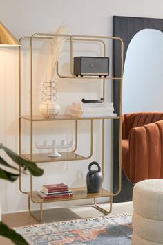 a living room with a couch, chair and bookshelf next to a mirror