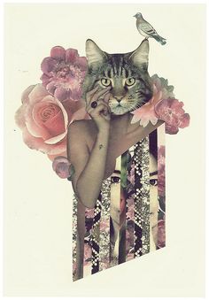 a cat sitting on top of a woman's chest next to flowers and a bird