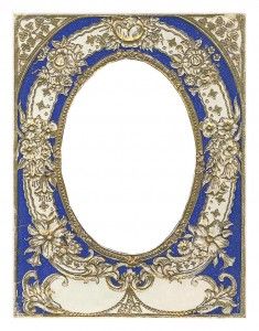 an ornate blue and white frame with gold trimmings on the edges, surrounded by flowers