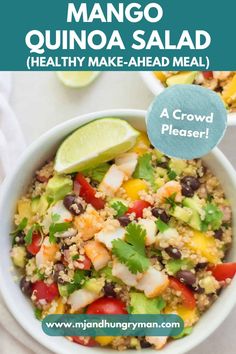 a white bowl filled with shrimp and quinoa salad