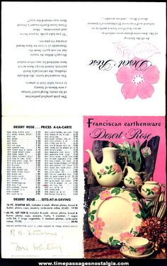 an advertisement for french dish ware with flowers on the front and back side, in spanish