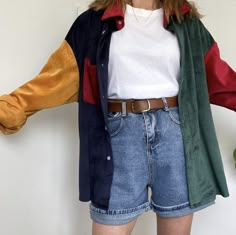 Color Block Shirt Outfit, Hopper Aesthetic, Shirt And Denim Shorts, Colour Block Shirt, Corset Crochet, 30s Style, Color Block Shirts, Goblin Core, Queer Fashion