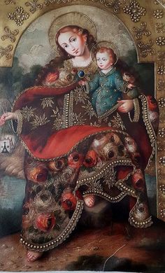 an ornate painting with a woman holding a child