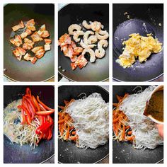 four pictures show the process of cooking shrimp and noodles in a wok with sauce