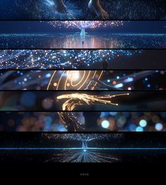 three photoshopped images of fireworks in the night sky with stars and sparkles