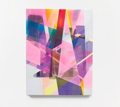 an abstract painting on a white wall with multicolored lines and shapes in the background