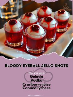 👀 Dare to try the Bloody Eyeball Jello Shots? A ghoulishly good treat that’ll thrill your Halloween guests! 🍹🩸 #BloodyEyeballJelloShots #SpookyTreats Bloody Eyeball Jello Shots Ingredients: Gelatin (1 pack) Vodka (1 cup) Cranberry juice (1 cup) Canned lychees (10, drained) Red food coloring (a few drops) Instructions: Prepare gelatin according to package instructions, using vodka instead of water. Pour a small amount into shot glasses and refrigerate until set. Add a lychee to each glass ... Halloween Shots Easy, Horror Themed Alcoholic Drinks, Halloween Jelly Shots, Cranberry Jello Shots, Eyeball Jello Shots, Eyeball Jello, Halloween Jelly, Halloween Ideias, Halloween Jello Shots