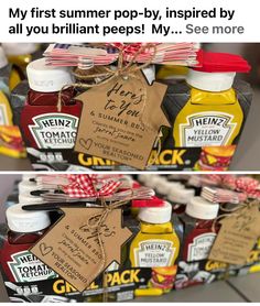 two pictures of different types of condiments with tags attached to the top and bottom