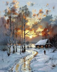 a painting of a person walking in the snow near a cabin and trees at sunset