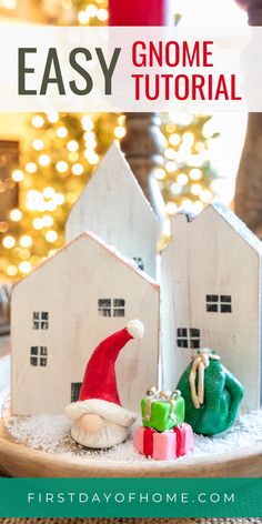 Santa gnome with stacked presents and wooden houses. Text overlay reads "Easy Gnome Tutorial". Gnome Tutorial, Mod Podge Crafts, Santa Gnome, Air Dry Clay Projects, Flower Pot Crafts, Clay Crafts Air Dry, Diy Gnomes, Authentic Recipes, Dry Clay