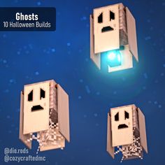 three different types of lights in the shape of faces on a blue background with text that reads ghost 10 halloween buildings