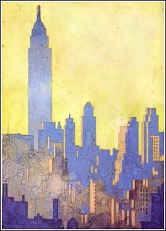 an abstract painting of a cityscape with skyscrapers in the foreground and a yellow sky background