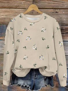 Casual Fresh Floral Pattern Round Neck Long Sleeve Women Sweatshirt, Suitable For Summer Apricot Casual  Long Sleeve Knitted Fabric Floral,Plants,All Over Print Pullovers Medium Stretch  Women Clothing, size features are:Bust: ,Length: ,Sleeve Length: Floral T Shirt, Sweatshirt Embroidery, Girls Fall Outfits, Women Sweatshirt, Patterned Scarves, Sleeve Women, Collars For Women, Fabric Floral