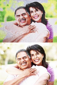 two pictures of people hugging each other with the same image on them and one has an older man's face