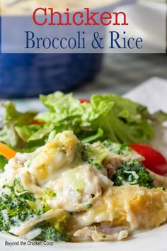 chicken broccoli and rice on a white plate with lettuce, tomatoes and carrots