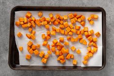 chopped up sweet potatoes on a baking sheet ready to be cooked in the oven for dinner