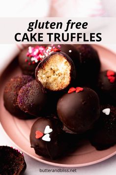 chocolate covered cake truffles on a plate with the words gluten free cake truffles