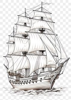 a drawing of a sailing ship on the water with no sails, hd png