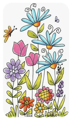 an image of flowers and butterflies with dragonflies in the background on a white card