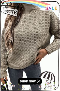 High Neck Drop Shoulder Textured Knit Sweater Casual Beige Acrylic Sweater, Trendy Chunky Knit Crew Neck Outerwear, Casual Chunky Knit Tops For Fall, Casual Cable Knit Turtleneck Outerwear, Gray Chunky Knit Sweater For Fall, Solid Chunky Knit Sweater For Fall, Crew Neck Sweater For Spring Cold Weather, Casual Long Sleeve Knit Top For Winter, Fall Chunky Knit Solid Sweater