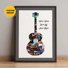 a guitar collage is shown with the words, music notes and photos on it