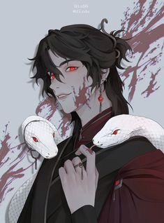 an anime character with red eyes and black hair, holding two white snakes in his hands