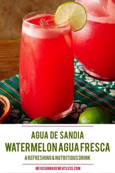 two glasses of watermelon aguafreca with limes on the side