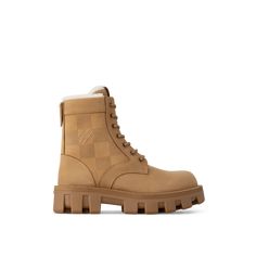 LOUIS VUITTON® - Lv Checker Ranger Boot - Beige Ranger Boots, Ranger Boot, Military Combat Boots, Ballerina Pumps, Military Combat, Trunk Bag, Leather Denim, Louis Vuitton Official, Buckle Shoes