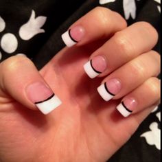 Black White And Pink French Tip Nails, White French Tip With Black Line, White Nails With Black Tips, French Tip Nail Designs Square, French Nails With Black, French Tips With Black, Dramatic Nails, Mail Polish, 2000s Nails