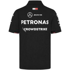 the mercedes team polo shirt is shown in black with white and red lettering on it