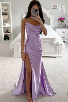 Lilac Strapless Corset High Slit Ruffled Prom Dress Evening Gown Vestido Color Lila, Purple Evening Dress, Classy Prom, Ruffle Prom Dress, Evening Maxi Dress, Classy Prom Dresses, Simple Prom Dress, Purple Prom Dress