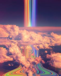 an aerial view of clouds, rainbow lines and a tall structure in the sky above them