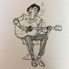 a black and white drawing of a man playing a guitar