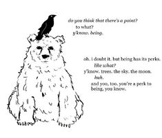 a black and white drawing of a dog with a crow on top of it's head