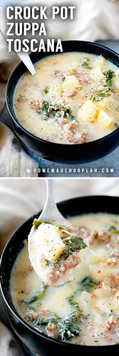 two pictures showing how to make crock pot zupa toscana soup with potatoes and broccoli