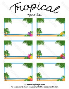 tropical palm tree name tags with the word tropical on it in black and white text