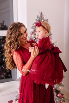 Red Outfit Family Pictures, Mommy Daughter Christmas Photoshoot, Red Truck Christmas Pictures Outfits, Mom And Daughter Christmas Photoshoot, Xmas Dresses For Women, Red Elegant Dress, Formal Event Dresses, Feathers Dress, Mother Daughter Poses