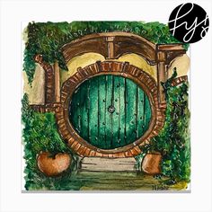 an illustration of a green door surrounded by greenery