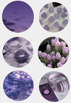 four different pictures with purple and white flowers in them, one has pink tulips