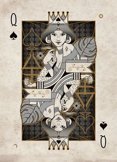 a playing card with an image of two women in the middle and one man on the other side