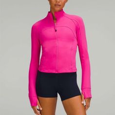 Lululemon Nulu Cropped Define Jacket Nwt Size 4 Color : Sonic Pink 1. Whether You're Up For Adventure Or Ready For Downtime, This Shortened Version Of Our Fan-Favourite Define Jacket Has A Feel-Good Fit That Can Do It All Our Buttery-Soft Nulu Fabric Feels Weightlessly Light And Is Sweat-Wicking And Four-Way Stretch 3. Added Lycra Fibre For Stretch And Shape Retention 4. Secure Front Pockets 5. Thumbholes And Cuffins T 6. Back Vent Strategically Placed To Provide Airflow 7. Locker Loop For Easy Long Sleeve Outerwear For Running In Fall, Long Sleeve Fall Running Outerwear, Cropped Define Jacket, Yoga Jacket, Lululemon Outfits, Lululemon Define, Lululemon Define Jacket, Define Jacket, Lululemon Jacket