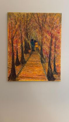 an oil painting of two people walking down a path in the fall with trees and leaves on either side